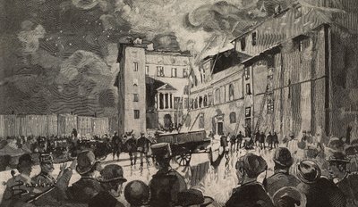 Fire of Israeli Schools of 1893, Rome, Italy, engraving after drawing by Dante Paolocci, from L