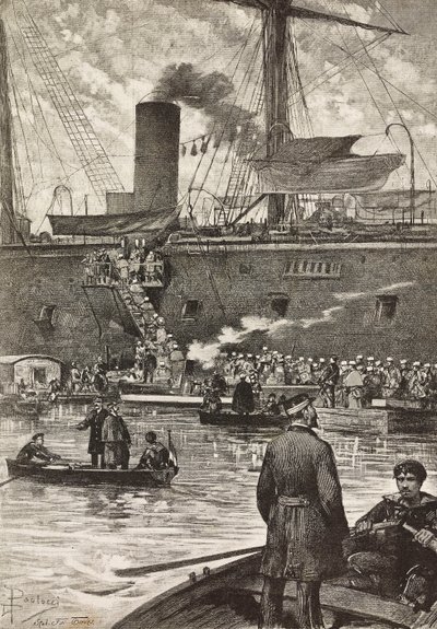 Italian soldiers boarding battleship Principe Amedeo, Naples, Italy by Dante Paolocci
