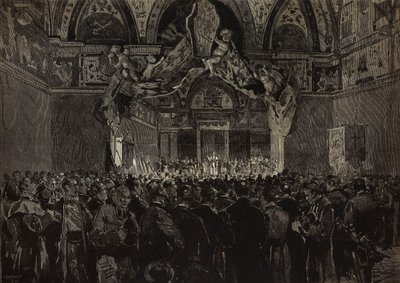 Leo XIII receiving French pilgrims in Ducal Hall, Papal Jubilee, Vatican (engraving) by Dante Paolocci