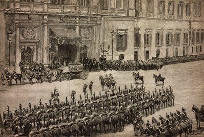 Opening of Parliament, Arrival of King Umberto I to Montecitorio, Rome, Italy, Engraving from Drawing by Dante Paolocci, L