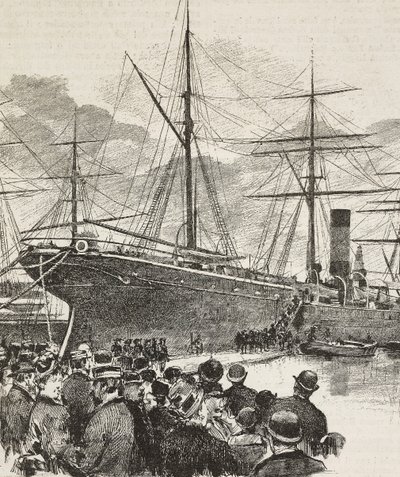 People attending embarkation of Bersaglieri, corps of Italian Army, on ship Gottardo, Italian expedition in Red Sea, engraving from drawing by Dante Paolocci by Dante Paolocci