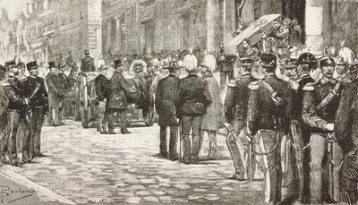 Politicians and officers attending funeral procession of Luigi Mezzacapo, Italian politician and officer, Rome, Italy, engraving from drawing by Dante Paolocci by Dante Paolocci