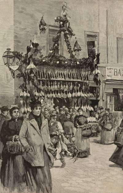 Poultry shop in Rome at Christmas, Italy (engraving) by Dante Paolocci