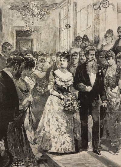 Queen Margherita of Savoy at party of Artistic Club of Rome, accompanied by sculptor Giulio Monteverde, Italy, engraving after drawing by Dante Paolocci, from L