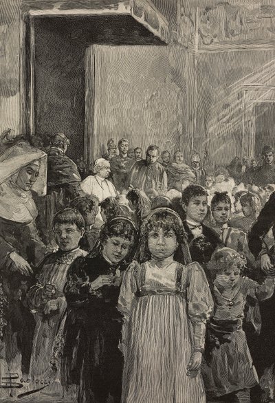 Reception of children at jubilee celebrations of Pope Leo XIII, Vatican (engraving) by Dante Paolocci