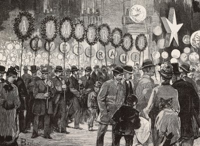 Torchlight in honor of King Umberto I on evening of December 1, Rome, Italy, engraving from drawing by Dante Paolocci by Dante Paolocci