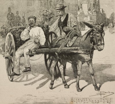 Water vendor selling water from Acetosa fountain in streets of Rome, Italy, engraving after drawing by Dante Paolocci, from L
