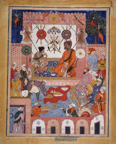 Misbah the Grocer Brings the Spy Parran to his House, Folio from a Hamzanama by Dasavanta.