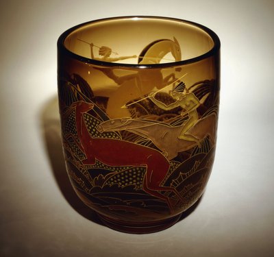 Enamelled Glass Vase Depicting Two Amazons Hunting Deer by Daum Freres