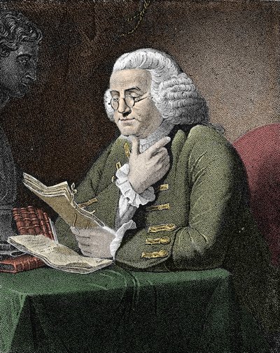 Portrait of Benjamin Franklin, American philosopher, physicist and ambassador. Engraving after a painting by David Martin by David (after) Martin