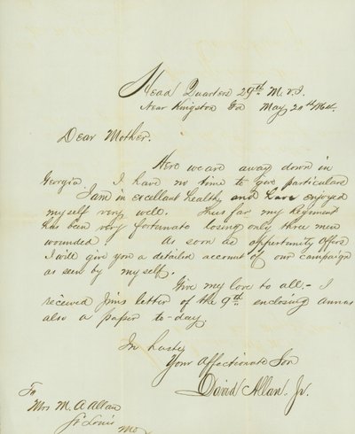 Letter signed David Allan, Jr., Head Quarters 29th M.V.I., near Kingston, Ga., to his mother Mrs. M.A. Allan, St. Louis, Mo., May 20, 1864 by David Allan