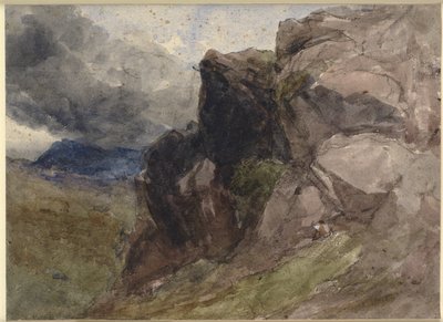 Rocky Landscape in Wales with Figure Drawing in the Foreground to the Right by David Cox d.Æ.