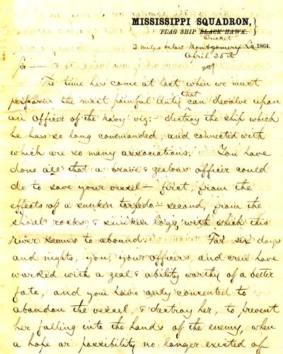 Letter from David D. Porter, U.S.S. Cricket, 2 miles below Montgomery, Louisiana, to Seth Ledyard Phelps, commanding U.S.S. Eastport, 2 miles below Montgomery, Louisiana, April 25, 1864 by David D. Porter