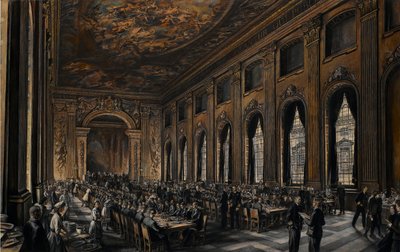 Officers dining in the painted hall during the Second World War by David Muirhead Bone