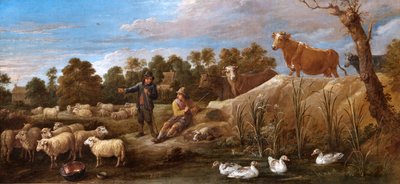 Landscape with Two Shepherds, Cattle and Ducks by David Teniers II