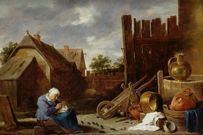 A cat tended by an old woman by David Teniers the Younger