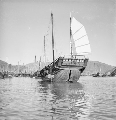 Port Quarter View of the Hong Kong Fisher Junk Anchored at Hong Kong by David Watkin Waters