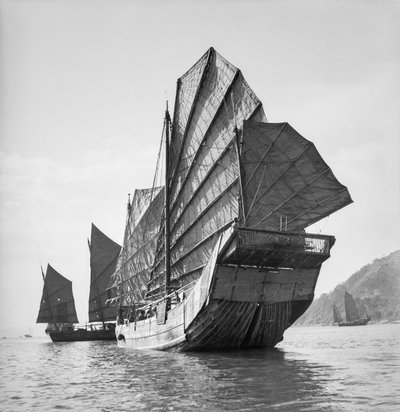 A port quarter view of the Yeungkong fisher type junk with the port number 227HA under sail at Aberdeen, Hong Kong by David Watkin Waters
