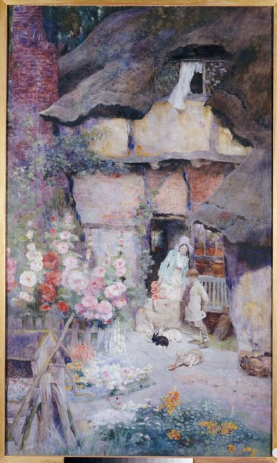 A Mother and Children Feeding Rabbits at the Door of a Thatched Cottage by David Woodlock