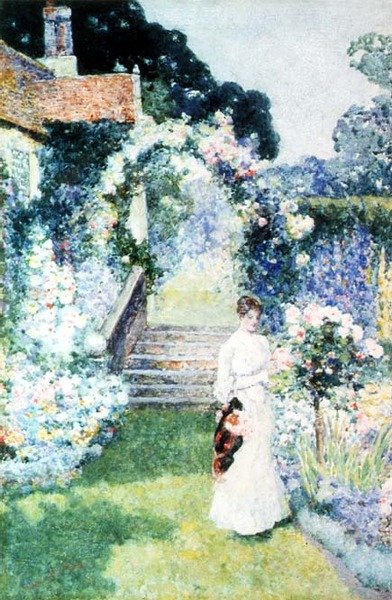 Tending the roses in a Cheshire garden by David Woodlock