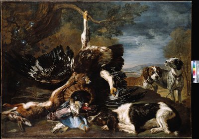 A Spaniel, an Eagle, a Hare and a Wicker Basket with a Jay, Finches and other Birds Overlooked by two Hounds, a Mountainous Landscape Beyond by David de Coninck