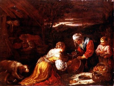 Peasants Preparing Food Outside a Cottage, an Extensive Landscape Beyond by David the Younger (attr. to) Teniers