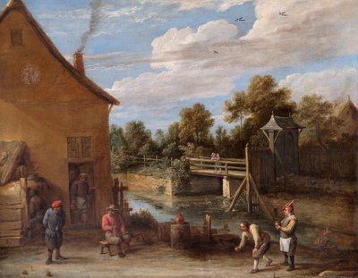 Peasants Playing Bowls In Front Of An Inn By A River by David Teniers the Younger