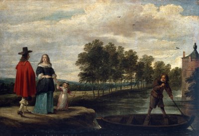 The Artist, His Wife and Child by the Moat of His Mansion, Perck by David Teniers the Younger