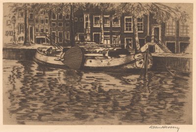 Canal with Moored Sailboat by David van Hessen (signed by artist)