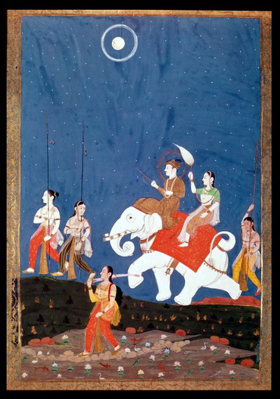 An Indian Prince on a White Elephant, illustration of the musical mode Deepak Raga by Deccani School