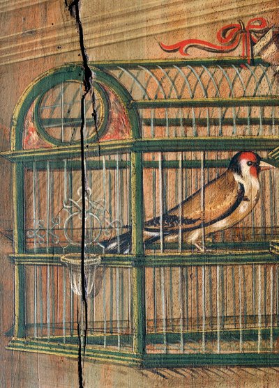 Bird in a Cage, (detail) from a painting by Defendente Ferrari, on the rear section of the 16th century choir, Church of Saint Jerome, Biella by Defendente Ferrari