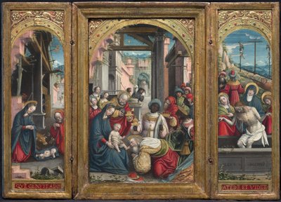 Triptych with the Nativity in the center, on the right the Adoration of the Magi, on the left the Deposition of Christ in the tomb, 1523 by Defendente Ferrari