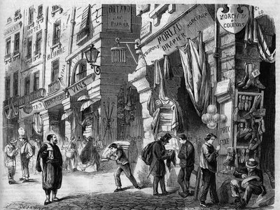 Paris, view of the covered galleries on the ground floor of the houses of the rue de la Tonnelerie, also called the pillars of the Halles, engraving after the drawing by Delannoy, in “L