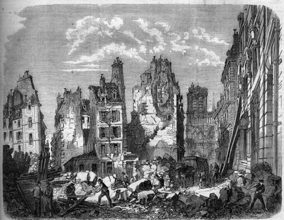 Transformations of Paris under the Second Empire, Haussmann Paris. Destruction of part of the Ile de la Cité for the expansion of the Hotel Dieu, engraving after a by Delannoy Delannoy