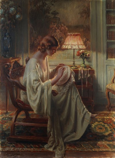 A Lady Sewing in an Interior by Delphin Enjolras