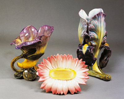 Convolvulus-shaped Vase, Daisy-shaped Cachepot and Iris-shaped Vase by Delphin Massier