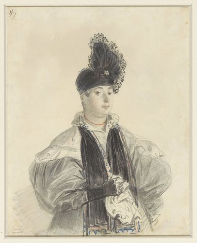 Portrait of a Standing Lady with Black Shawl and Black Hat by Denis Auguste Marie Raffet