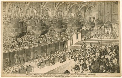 A view of Westminster Hall during the banquet given in honor of the Coronation of King George IV by Denis Dighton