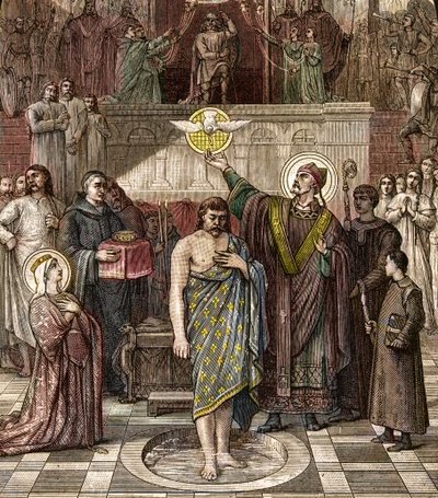 Saint Remigius baptizes Clovis in Reims - The baptism of the King of the Franks Clovis I (466-511) in Reims by the Bishop Saint Remi on 25/12/496 (or 499) - engraving after the painting by Desire Francois Laugee by Desire Francois Laugee