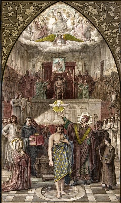Saint Remigius baptizes Clovis in Reims - engraving after the painting by Desire Francois Laugee by Desire Francois Laugee
