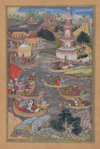 Alexander Fights a Sea Battle, Folio from a Khamsa Quintet of Amir Khusrau Dihlavi by Dharmadas
