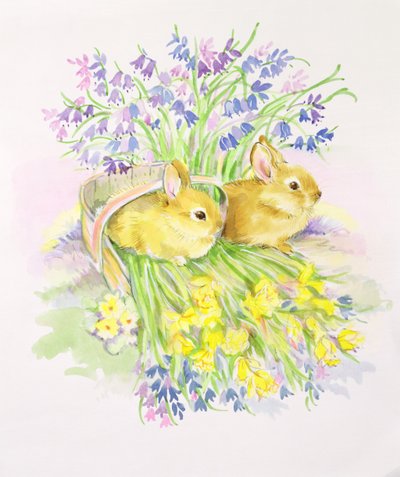 Rabbits in a Basket with Daffodils and Bluebells by Diane Matthes