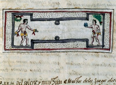 Aztecs Playing Game of Pelota, Miniature from History of Indies (Historia de las Indias) by Diego Duran (1537-1588), Manuscript from 1579 by Diego Duran