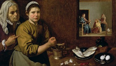 Kitchen Scene with Christ in the House of Martha and Mary by Diego Velázquez