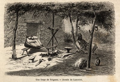 A gypsy forge in the region of Walachia, Romania. Engraving to illustrate the voyage from Paris to Bucharest, by Lancelot, draftsman, in 1860, published in 