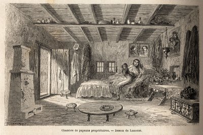 A house of owner peasants, in the vicinity of Orezu (Walachia region, Romania). Engraving to illustrate the voyage from Paris to Bucharest, by Lancelot, draftsman, in 1860, published in Le tour du monde, nouveau journal des voyages, under the direction of  by Dieudonne Auguste Lancelot