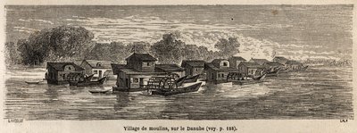A village of mills on the Danube, drawing by Lancelot, to illustrate Victor Duruy