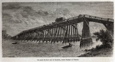 A wooden bridge over the Danube, between Passau and Vienna. Engraving in Le tour du monde, edited by Edouard Charton by Dieudonne Auguste Lancelot