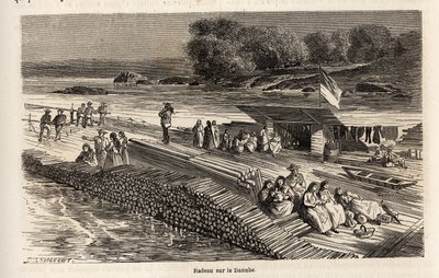 A wooden raft on the Danube for the transport of goods and people. Engraving in Le tour du monde, edited by Edouard Charton by Dieudonne Auguste Lancelot
