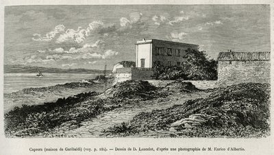 The house of Giuseppe Garibaldi (1807-1882) at La Caprera (Sardinia), engraved after a drawing by D.Lancelot, to illustrate the story of Syria today, by Mr.Lortet, dean of the Faculty of Medicine of Lyon, charged with a scientific mission by the Ministry o by Dieudonne Auguste Lancelot